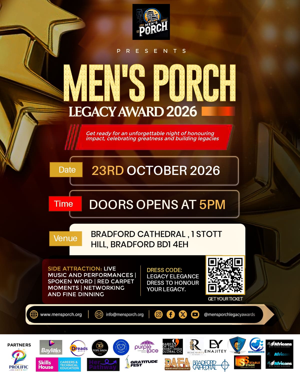 Official flyer for the Men’s Porch Legacy Awards at Bradford Cathedral on 23 October 2026